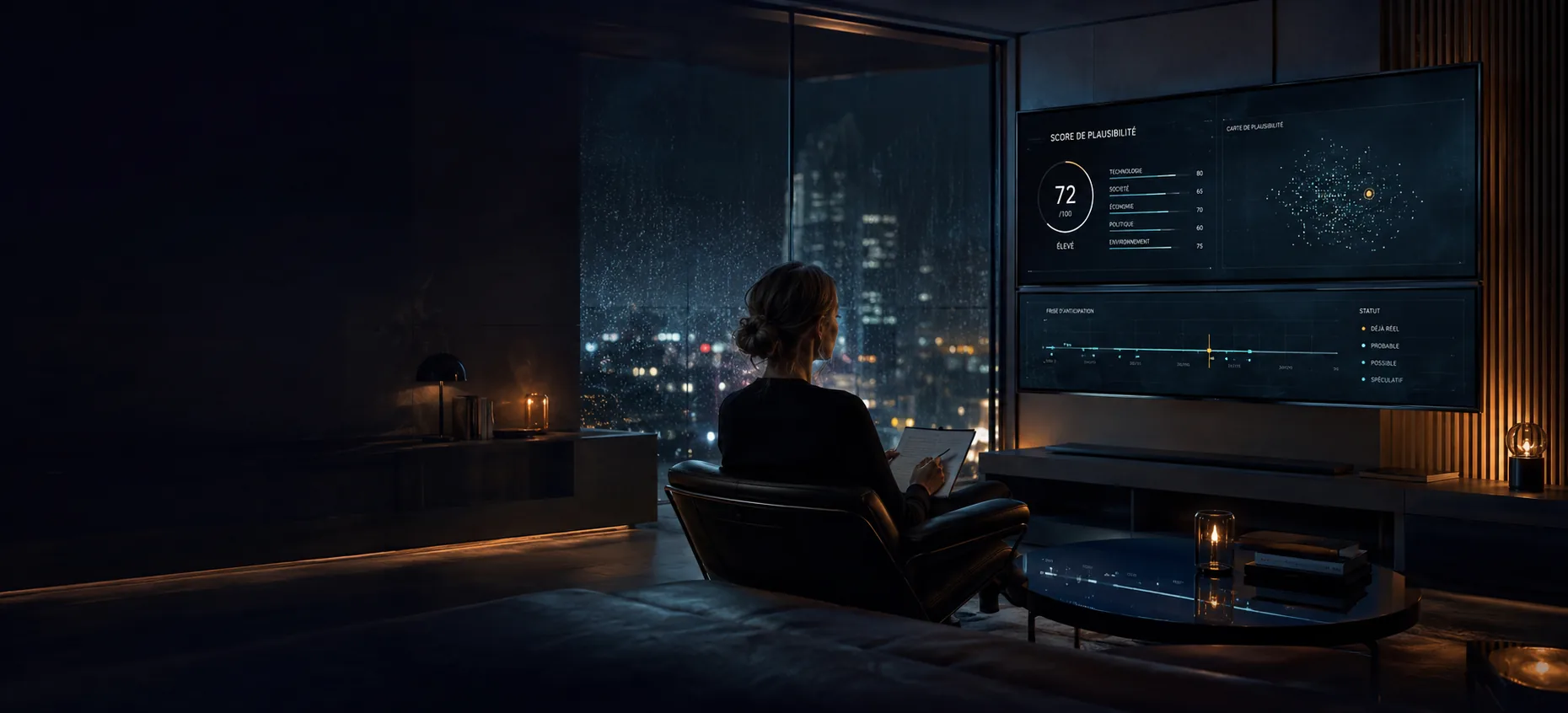 Cassandre analyse un score de plausibilité et une carte narrative sur un grand écran, dans un salon nocturne