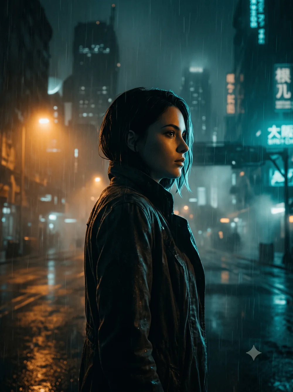 Cassandre, silhouette dans une rue nocturne sous la pluie, néons ambre et cyan
