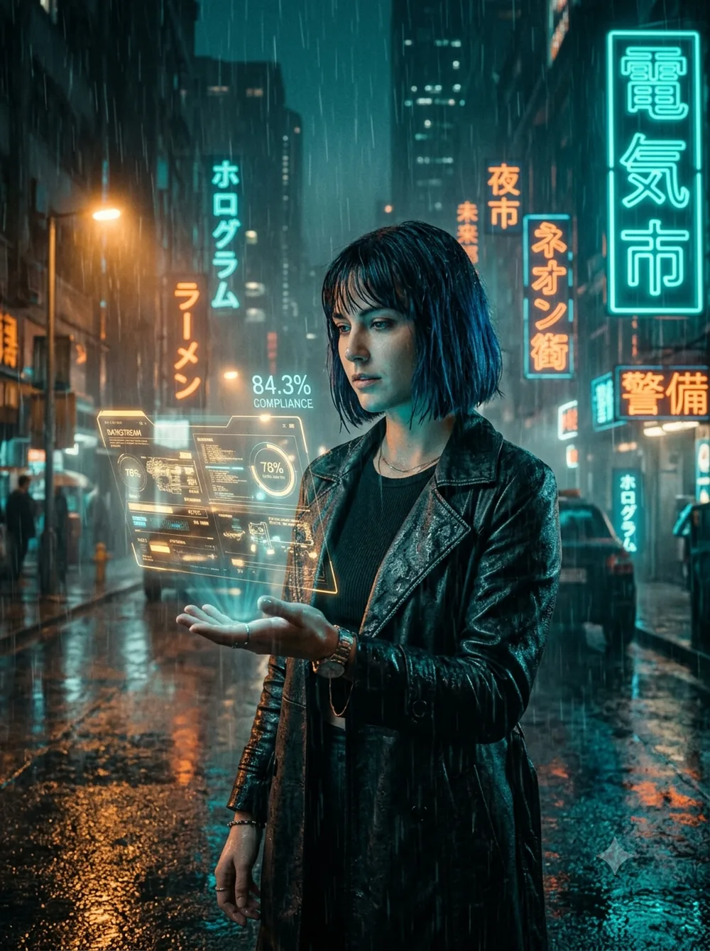 Cassandre consulte un hologramme de données affichant un score de plausibilité, dans une rue nocturne sous la pluie
