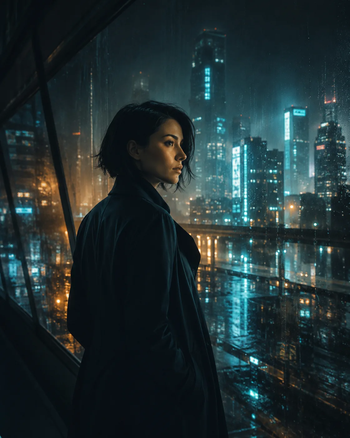 Cassandre, silhouette de dos face à une skyline nocturne sous la pluie, reflets ambre et cyan