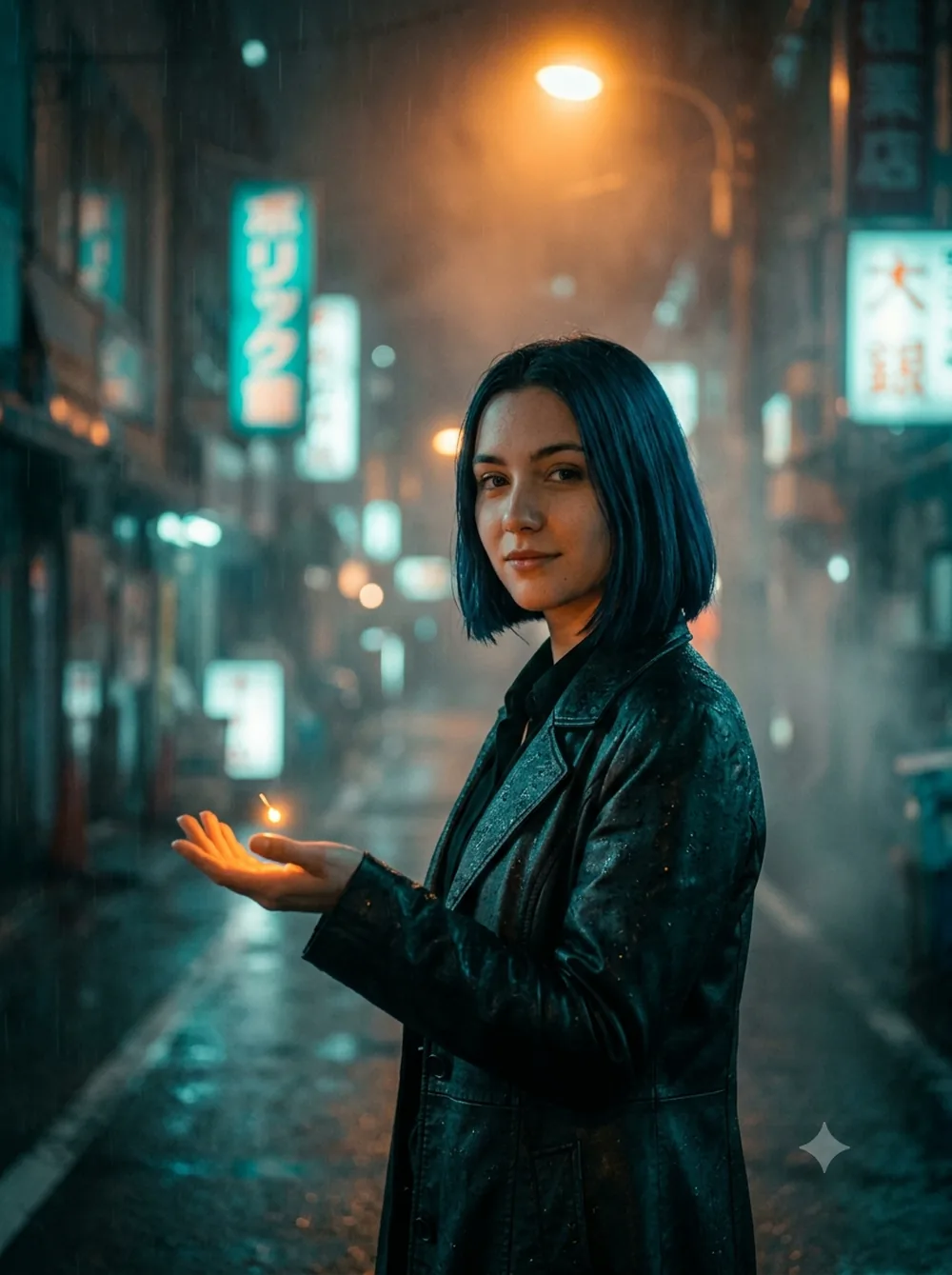 Cassandre tend la main avec une petite flamme lumineuse, dans une rue nocturne sous la pluie